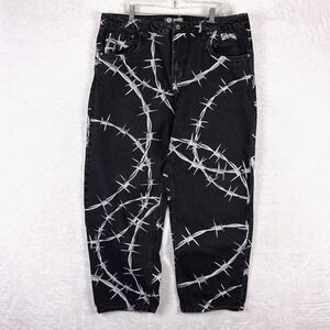 Broken Promises Jeans Mens 38 Black Barbed Wire AOP Distressed Baggy Streetwear
